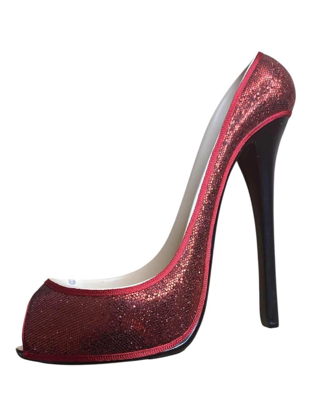 ⭐️ Wild Eye Design Red Sequin Peep-Toe High Heel wine bottle holder- small flaw